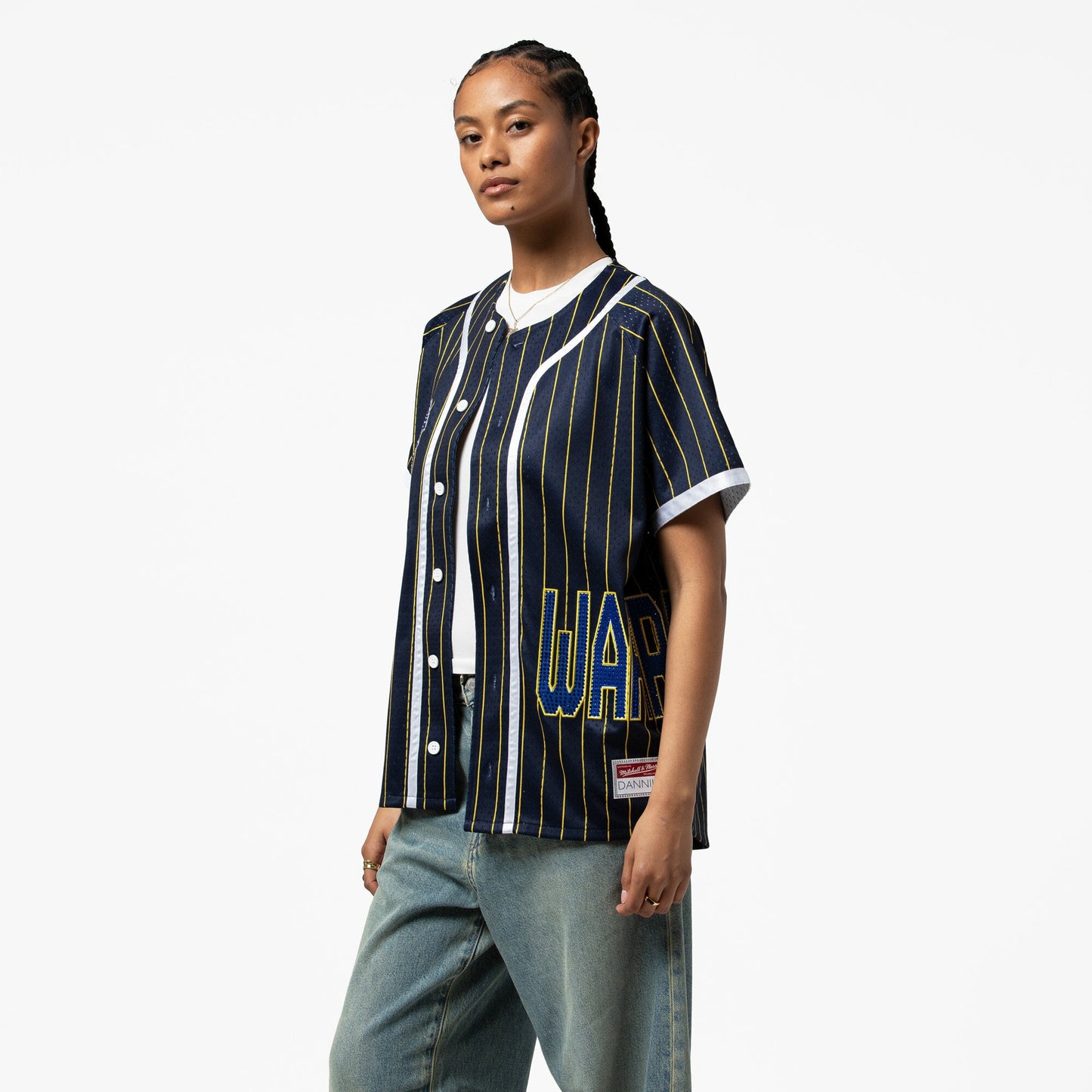 Golden State Warriors Mitchell & Ness x DANNIJO Women's Fashion Baseball Jersey - Blue