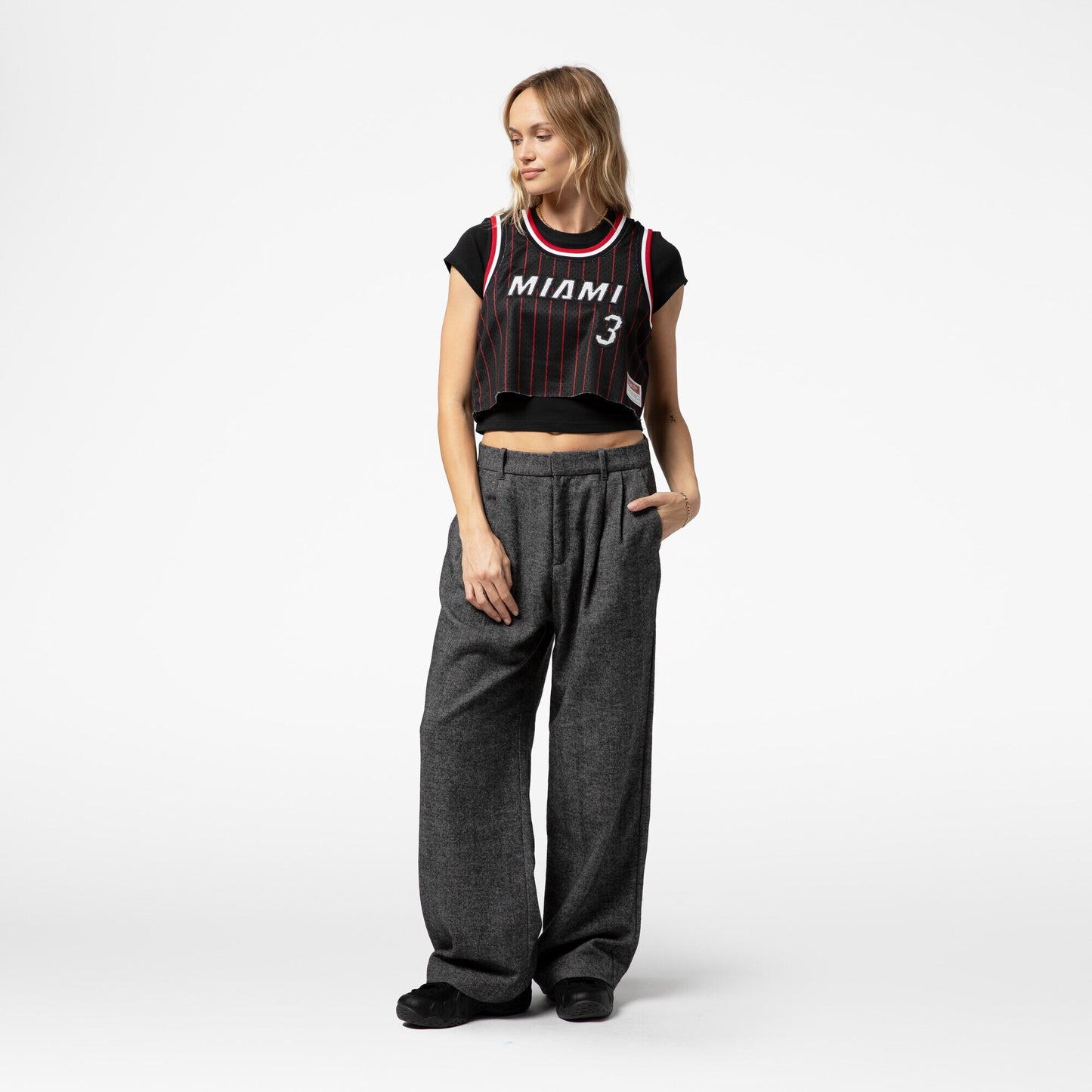 Dwyane Wade Miami Heat Mitchell & Ness x DANNIJO Women's Fashion Cropped Basketball Jersey - Black